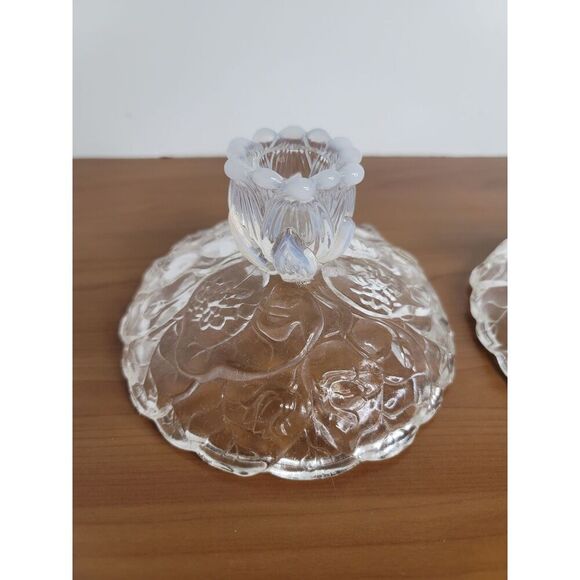 Tiara OPALESCENT WATER LILY PATTERN CANDLESTICK HOLDER PAIR - Picture 9 of 10